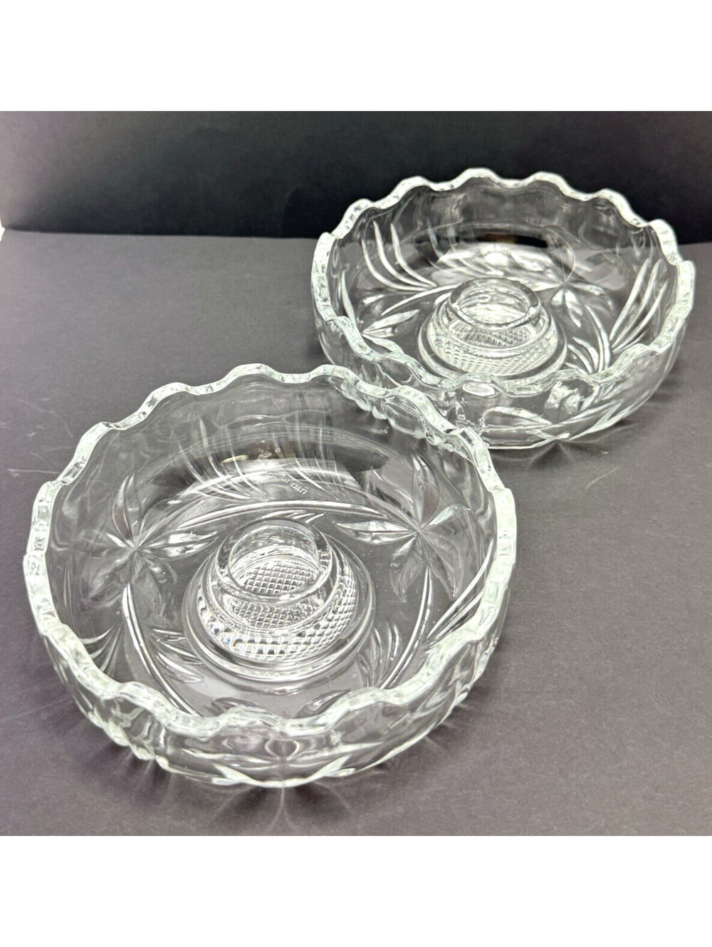 Vtg Scalloped Edge Clear Glass Taper Candle Holder Saucer Fairy Light Italy Set